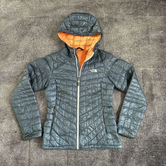 Women's The North Face TNF Navy Blue Orange Thermoball Hoodie Puffer Jacket Sz S - Picture 1 of 4